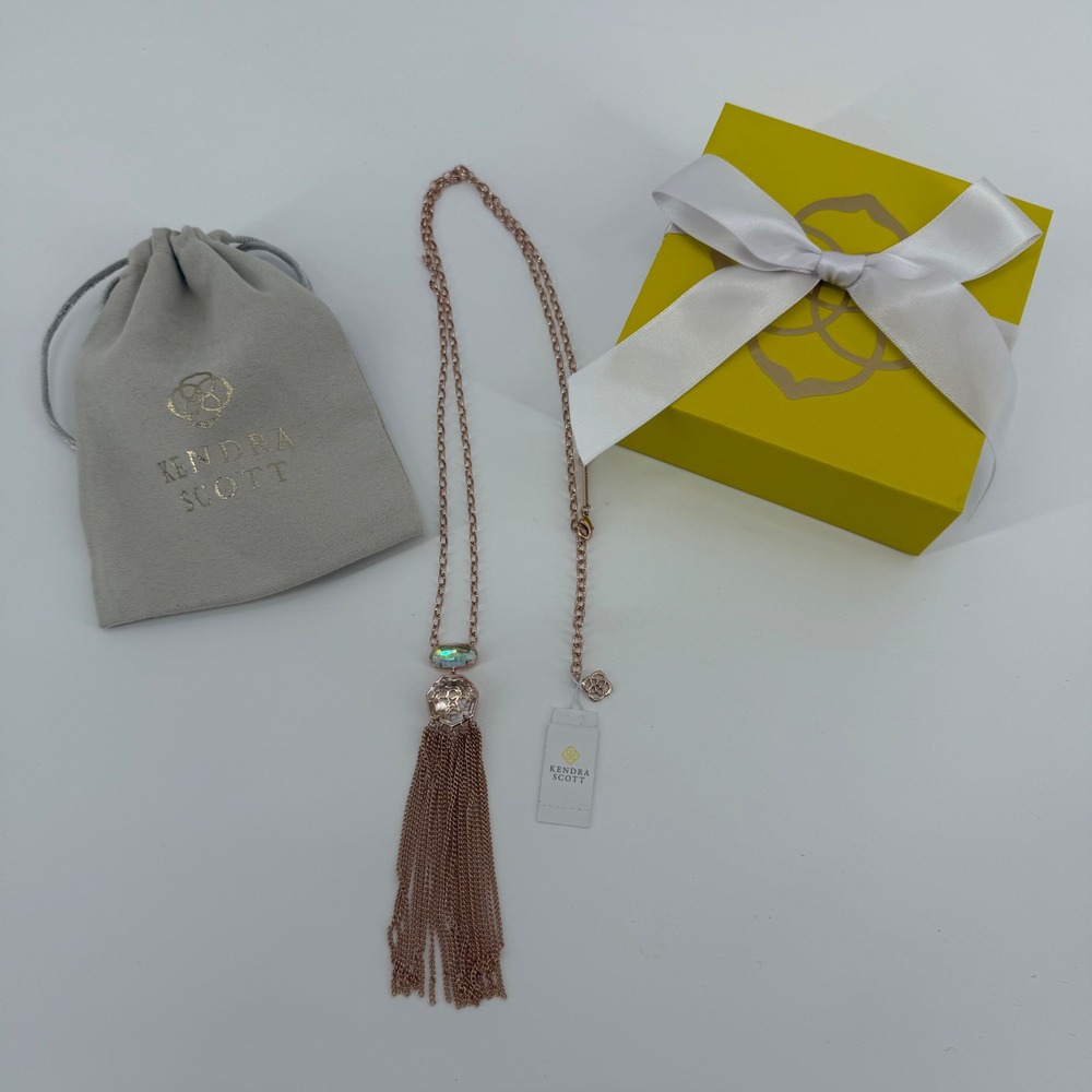 Kendra Scott Tae Pendant Necklace Rose Gold Dichroic Glass Fringe Long Chain NEW
